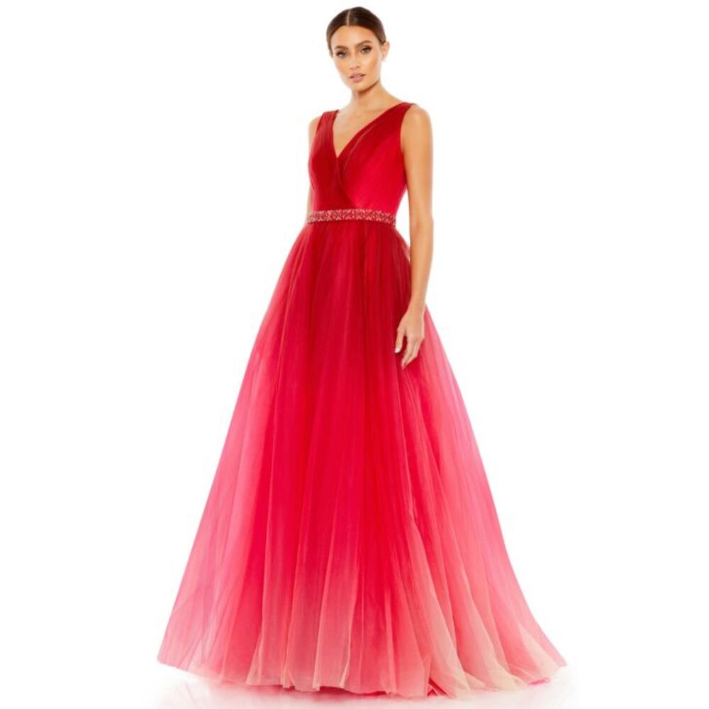 Mac Duggal 20378 Beaded Belt Red Ombre Tulle Dress Size 8 NWT